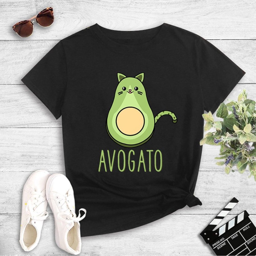 Cute Avogato Cat Print Casual T-Shirt